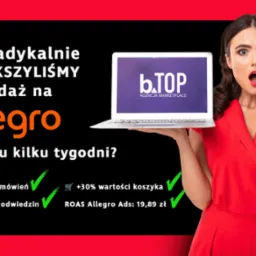 Kobieta w czerwonej sukience prezentuje laptop z logo firmy na tle grafiki z hasłem o zwiększeniu sprzedaży na Allegro i statystykami wzrostu.