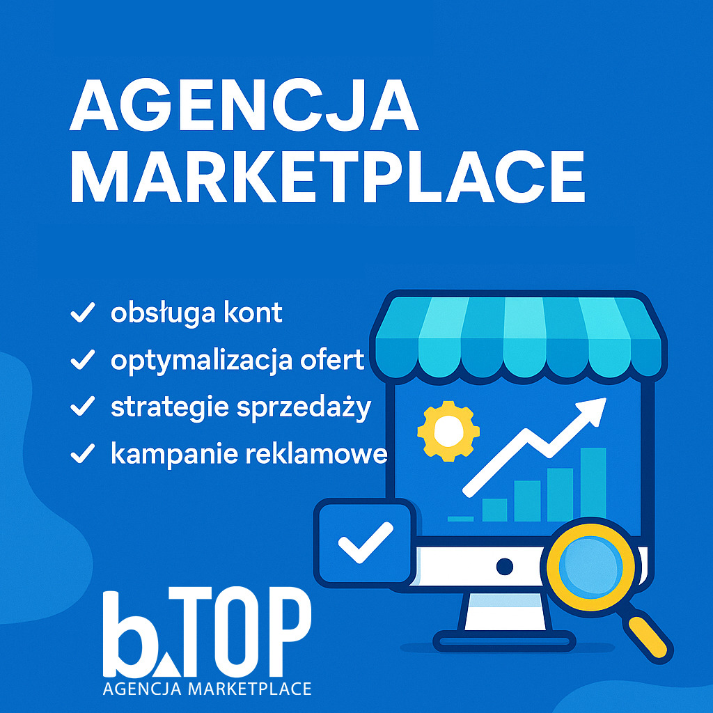 Agencja Marketplace: obsługa kont, optymalizacja ofert, strategie sprzedaży i kampanie reklamowe. Grafika z wykresem wzrostu i lupą.