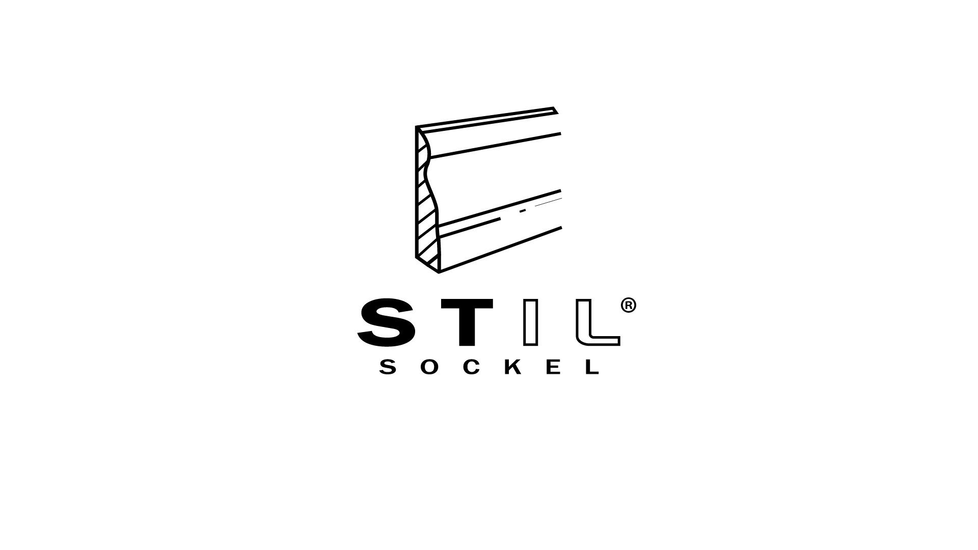 Czarno-biała grafika listwy przypodłogowej marki STIL, z widocznym przekrojem profilu i nazwą marki. Minimalistyczny design.