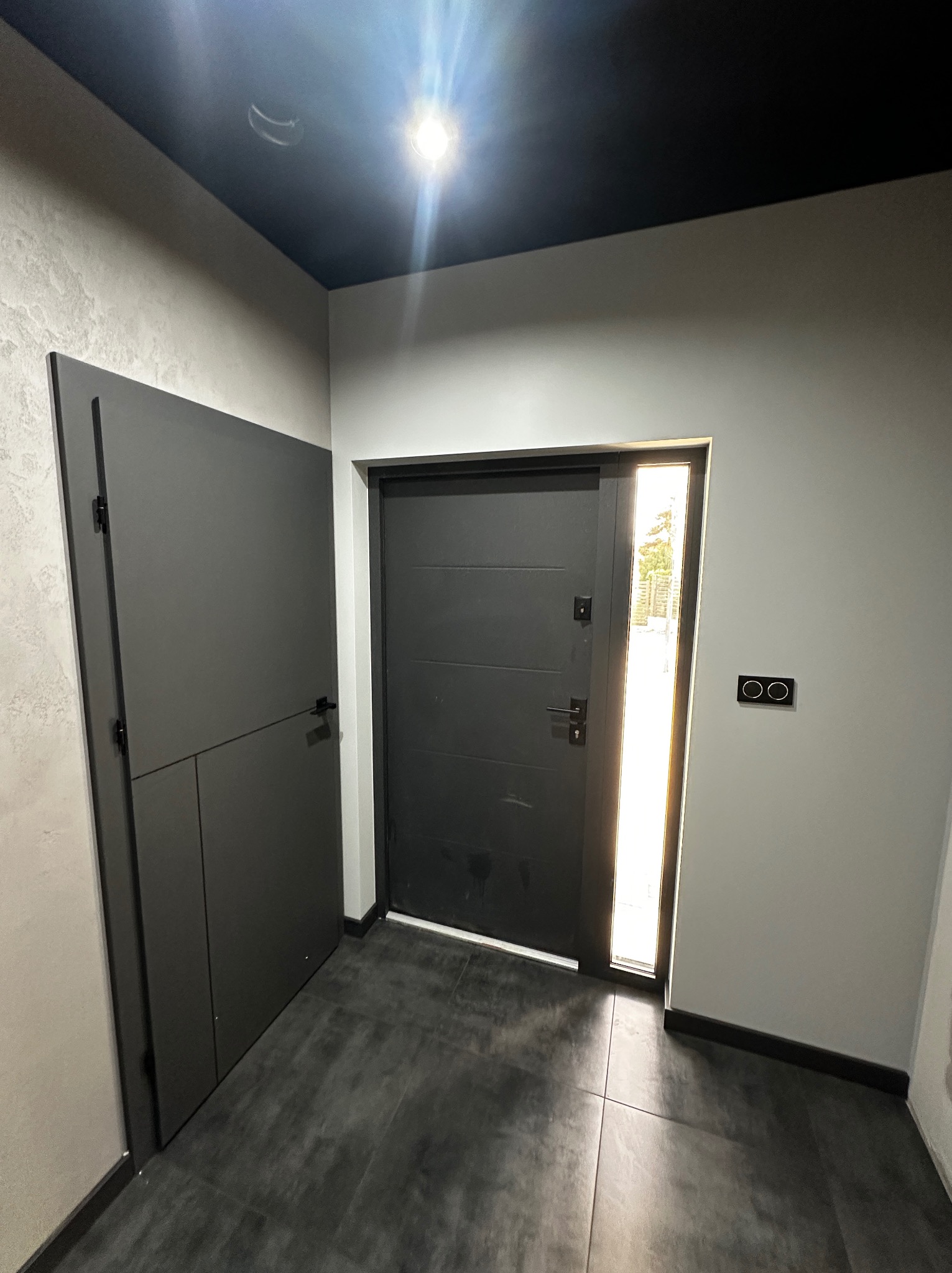 Nowoczesny przedpokój w szarościach: drzwi wejściowe z przeszkleniem, szafa w zabudowie, ciemna podłoga z płytek, kontrastujący czarny sufit i minimalistyczne włączniki.