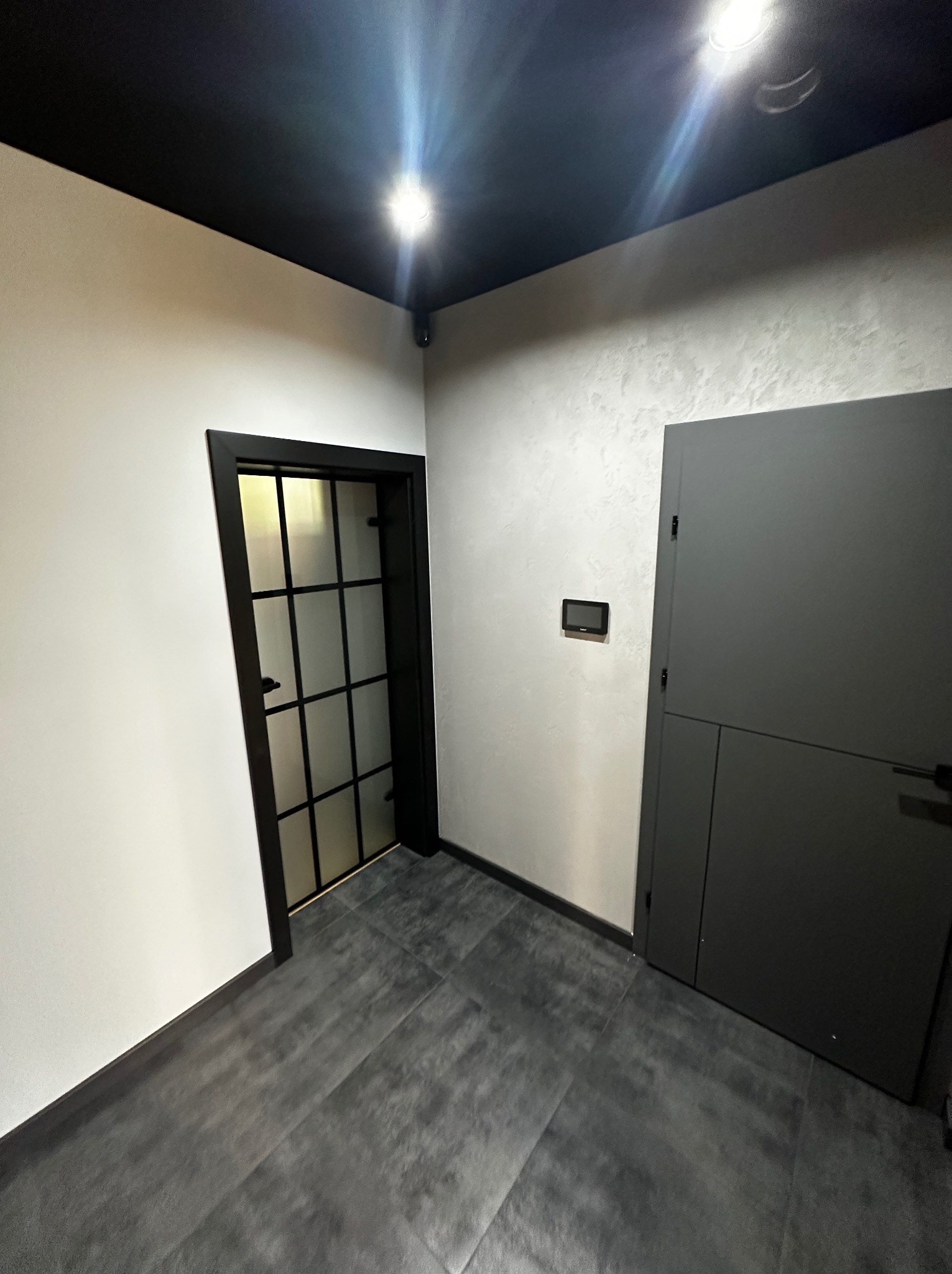 Nowoczesne wnętrze: czarne drzwi z szybami, szara podłoga, białe ściany i czarny sufit. Minimalistyczny design, oświetlenie punktowe.