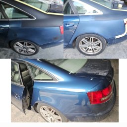 Mariusz mario - Niebieski samochód przed i po lakierowaniu, z widoczną taśmą maskującą i otwartymi drzwiami, ukazujący różnicę w kolorze karoserii.