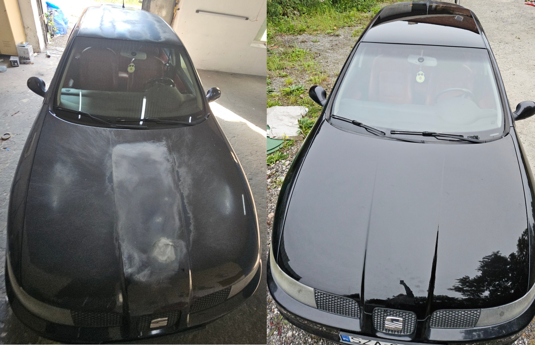 Czarne auto przed i po renowacji lakieru, widoczne różnice w połysku i stanie powierzchni. Porównanie efektu polerowania maski.