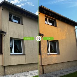 BRUK- CLEAN MATEUSZ BYSTRY - Zdjęcie elewacji domu podzielone pionowo: lewa strona 'przed', zabrudzona, prawa 'po', czysta, w ciepłym świetle słonecznym. Widoczne okna i fragment dachu.