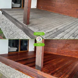 Taras drewniany przed i po czyszczeniu, z widoczną różnicą w kolorze drewna i usunięciem zabrudzeń. Efekt renowacji z bliska.