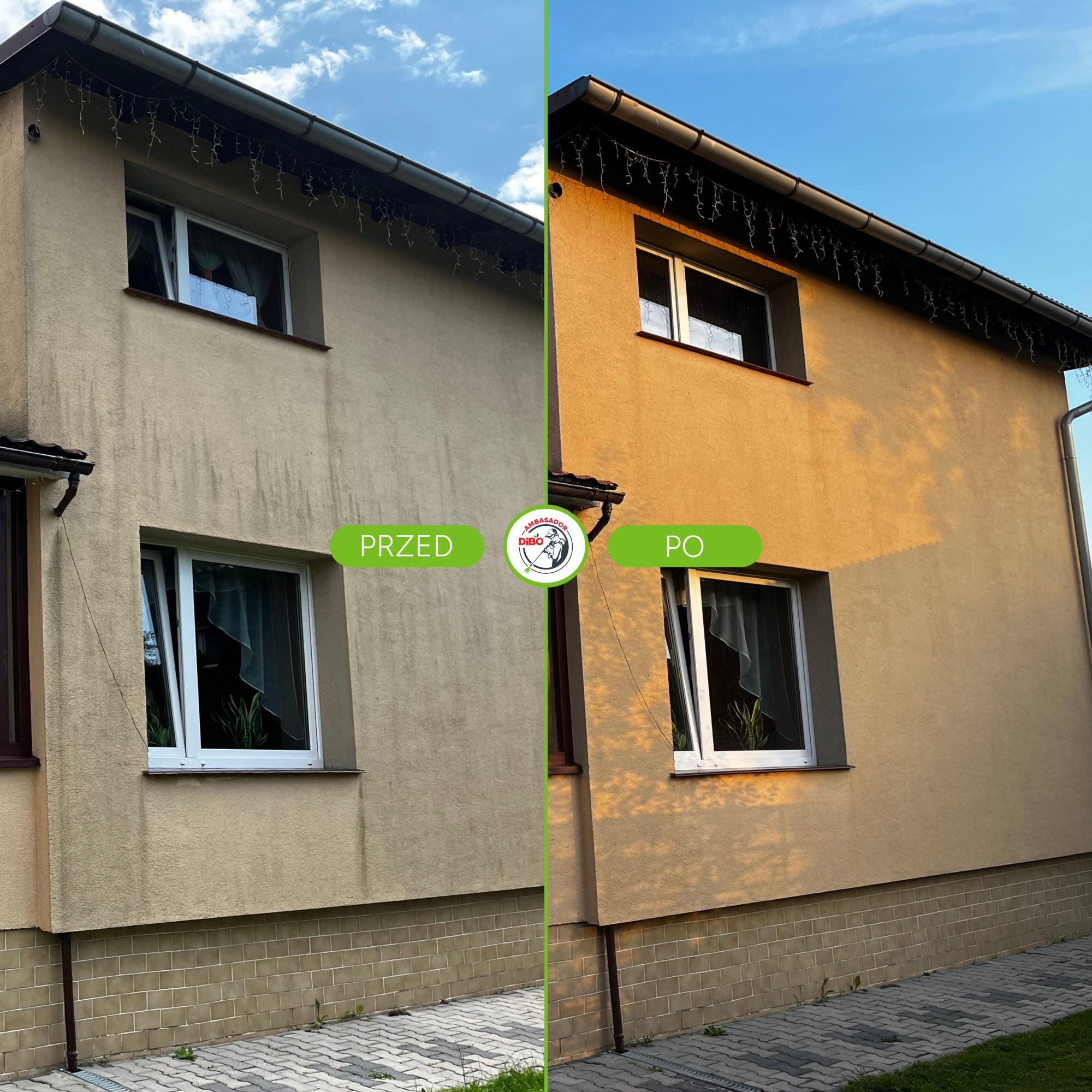 Zdjęcie elewacji domu podzielone pionowo: lewa strona 'przed', zabrudzona, prawa 'po', czysta, w ciepłym świetle słonecznym. Widoczne okna i fragment dachu.