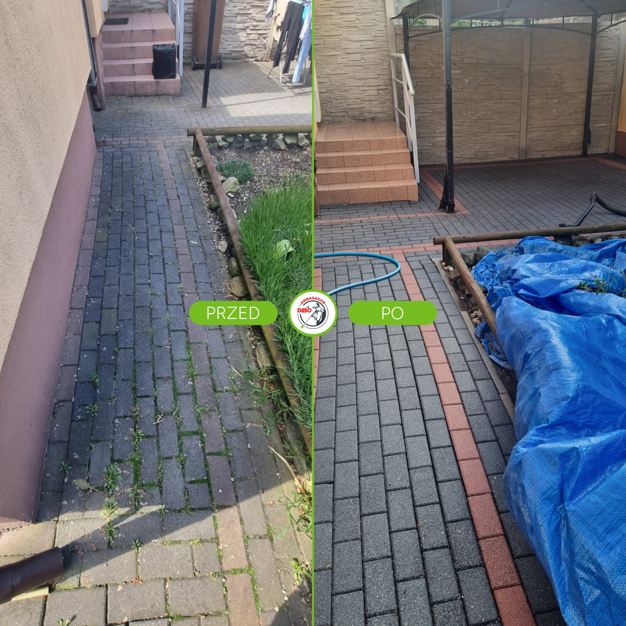 Kostka brukowa przed i po czyszczeniu. Widoczne różnice w kolorze i czystości. Po prawej stronie niebieska plandeka. Ujęcie z dołu, lekko z boku.