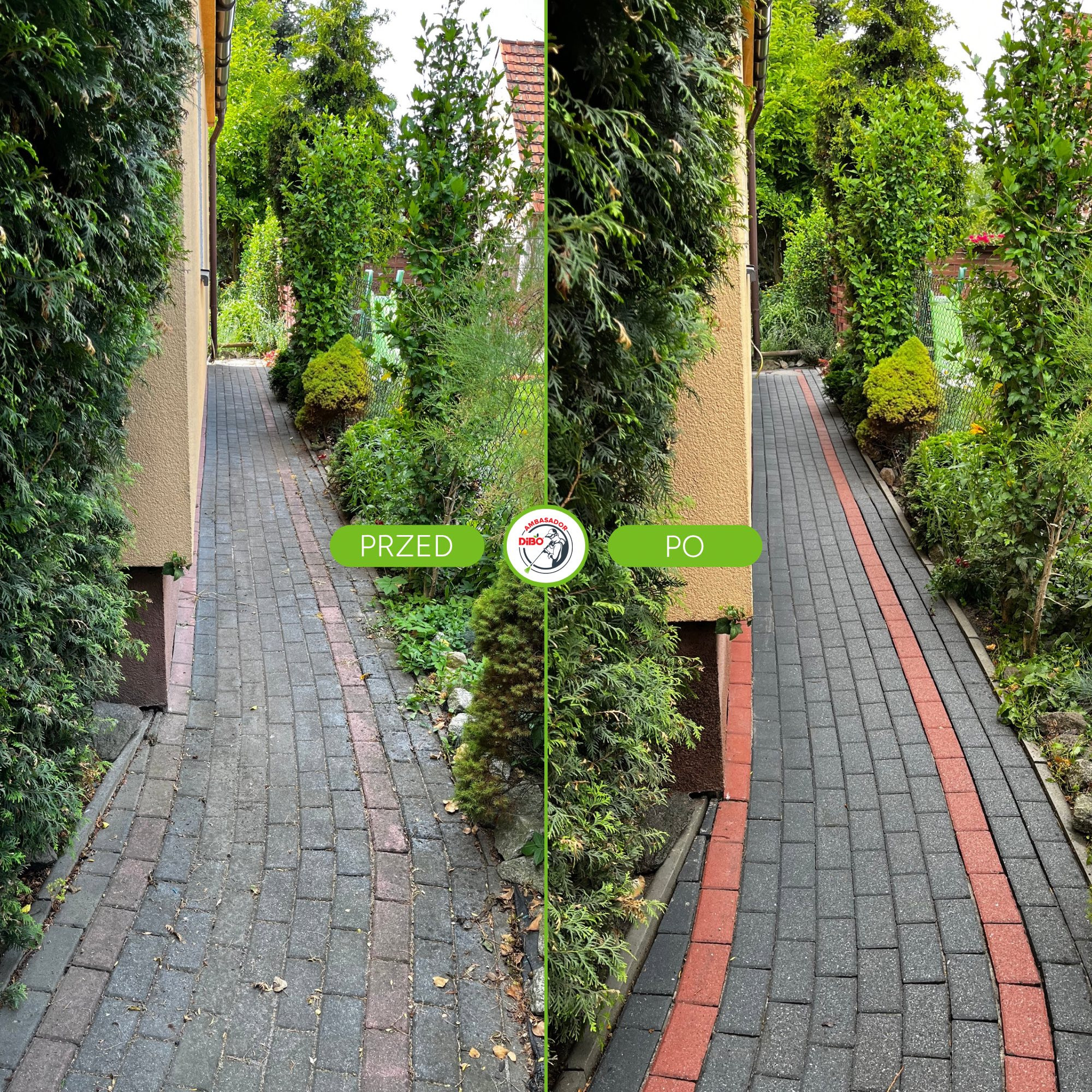 Zdjęcie 'przed i po' prezentujące różnicę w wyglądzie kostki brukowej po czyszczeniu. Po lewej stronie kostka jest brudna, po prawej czysta, z odświeżonym kolorem.