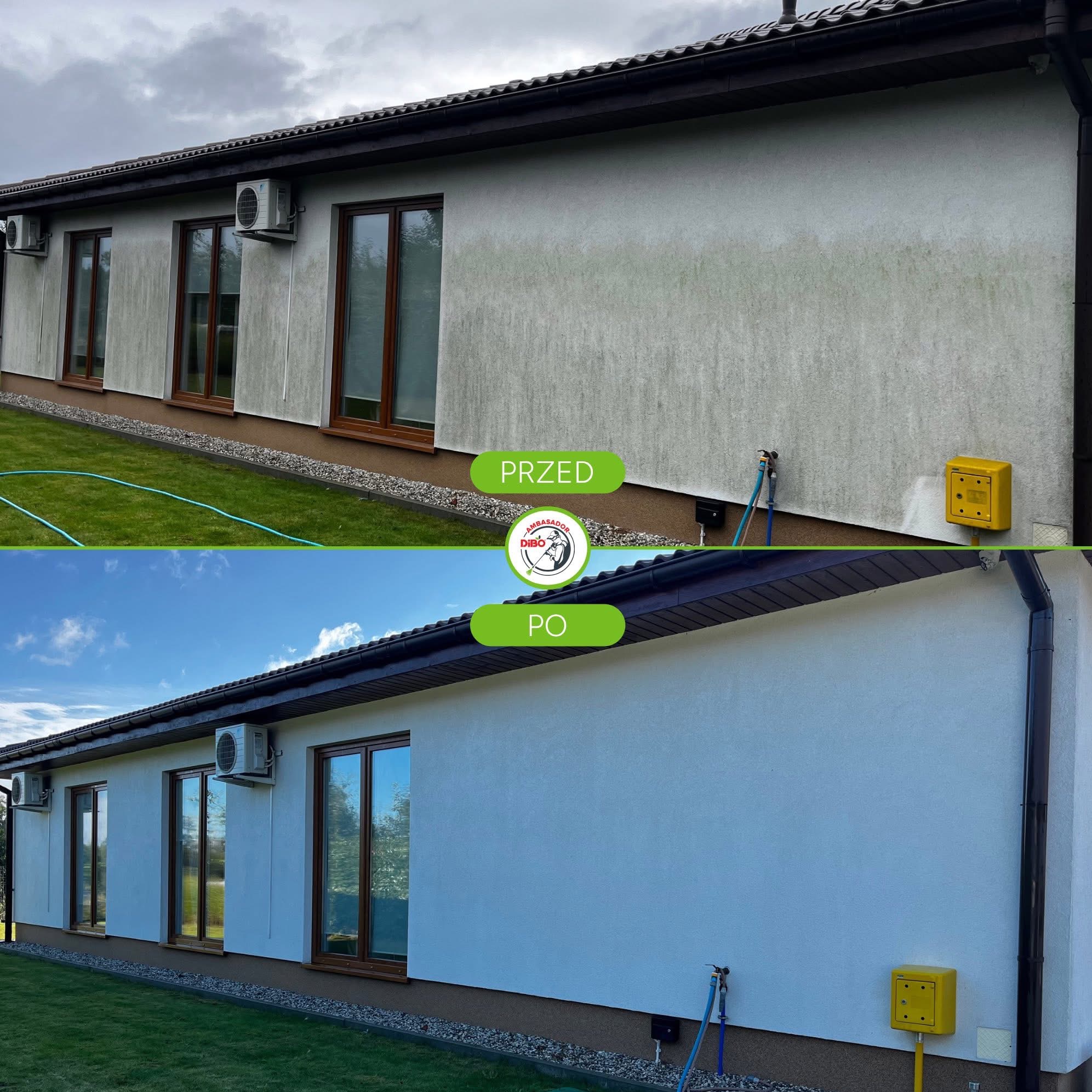 Zdjęcie elewacji budynku w układzie 'przed i po' czyszczeniu. Górna część pokazuje zabrudzoną elewację, dolna - czystą, białą elewację. Widoczne okna, trawnik.