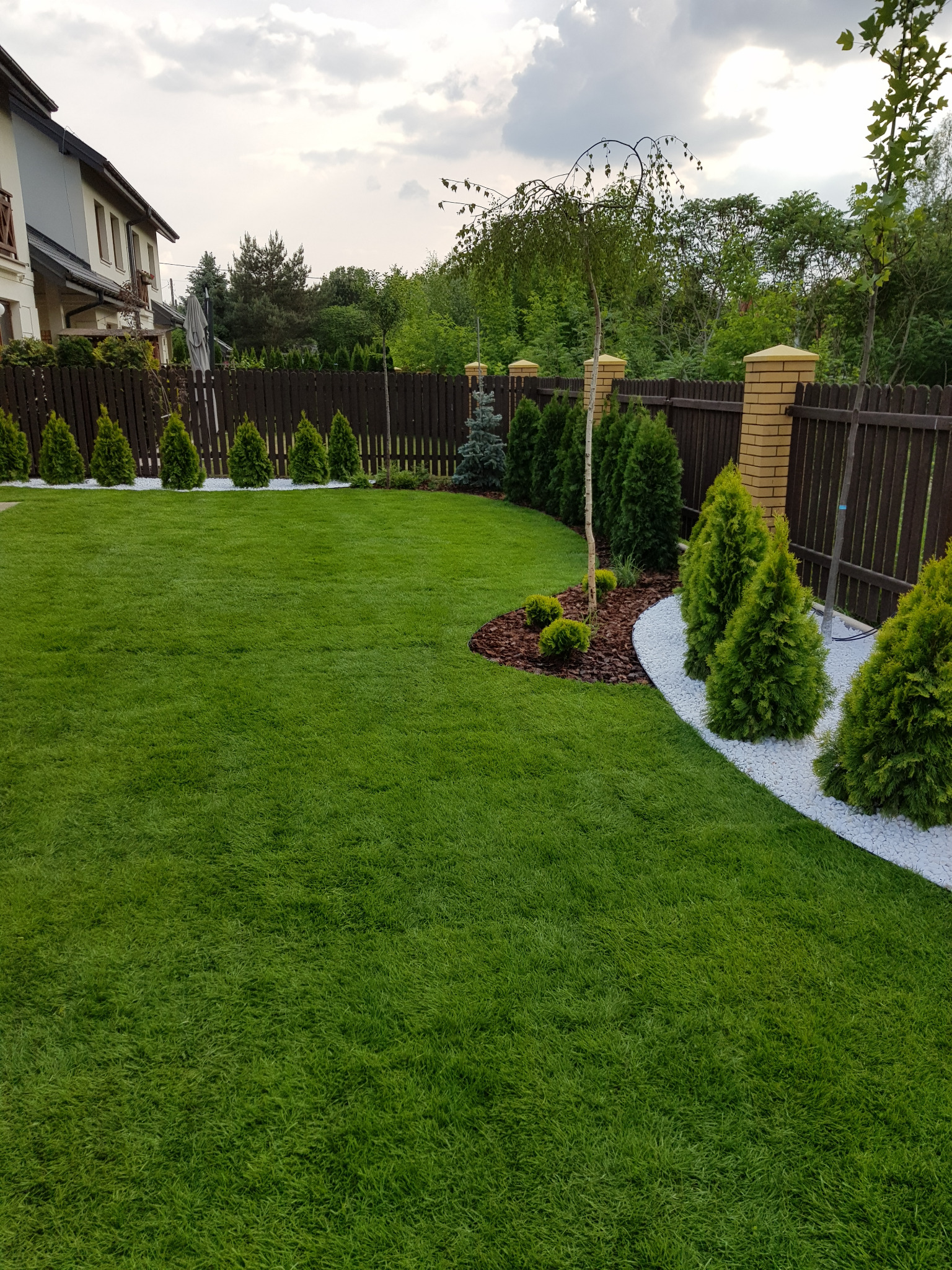 Zadbany ogród z równo przystrzyżonym trawnikiem, ozdobnymi krzewami i drzewami wzdłuż ogrodzenia. Białe kamienie dekoracyjne podkreślają kształt rabat.