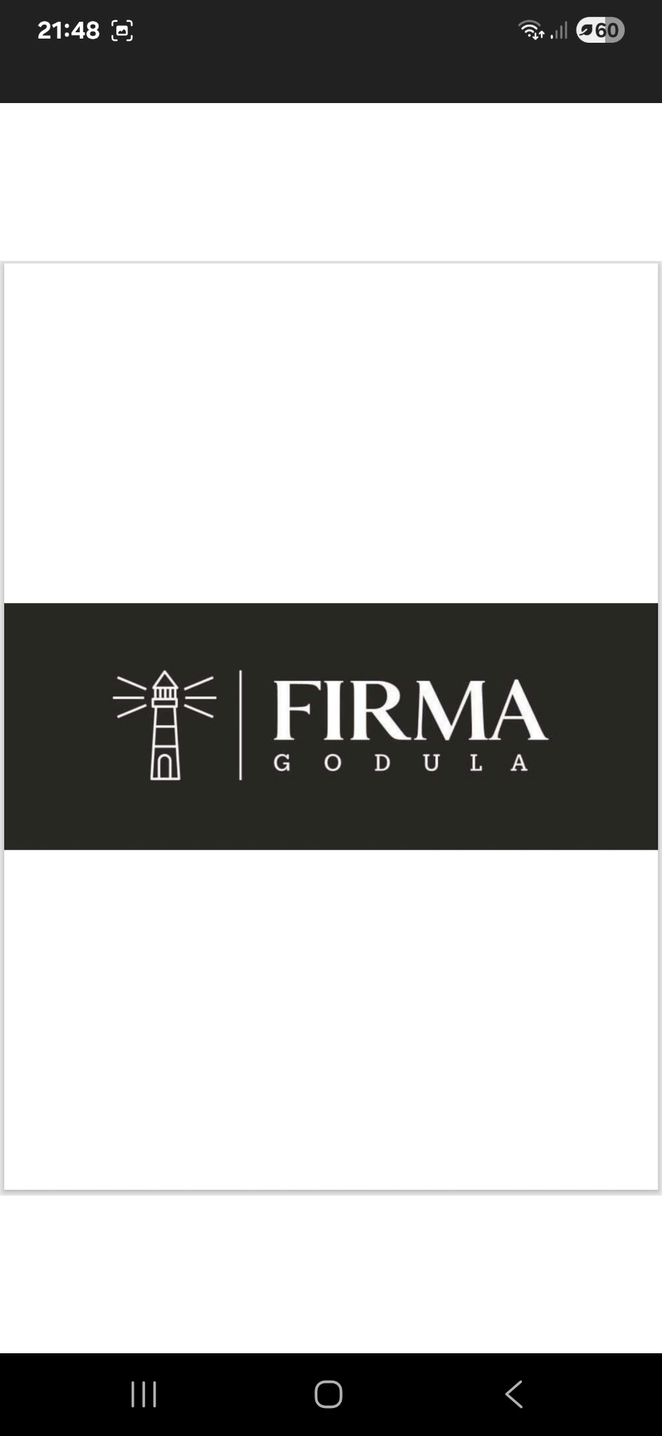 Minimalistyczny logotyp firmy z motywem latarni morskiej i nazwą „FIRMA GODULA” na ciemnym tle, prezentowany w prostym, eleganckim stylu.