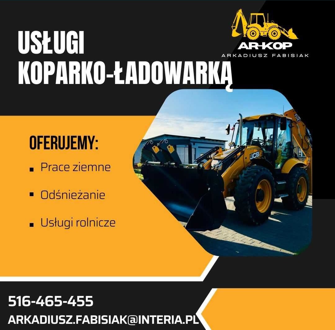 Żółta koparko-ładowarka JCB na tle błękitnego nieba. Grafika reklamowa z ofertą usług: prace ziemne, odśnieżanie i usługi rolnicze. Logo firmy AR-KOP.