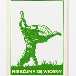 Zofia Jędruszczak - Zielona grafika w ramce: osoba na rękach w trawie z napisem 'Nie bójmy się wiosny'. Styl retro, wyraziste linie, na białym tle. Unikalny plakat.