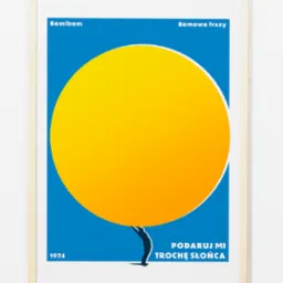 Oprawiony plakat z 1974 roku w stylu retro: na niebieskim tle żółte słońce dźwigane przez sylwetkę człowieka. Napisy 'Bemibem', 'Bemowe frazy' i 'Podaruj mi trochę słońca'.