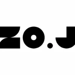 Minimalistyczne, czarno-białe logo 'ZO.J' z geometrycznych kształtów na białym tle. Litery stylizowane za pomocą kwadratów, kół i półokręgów.