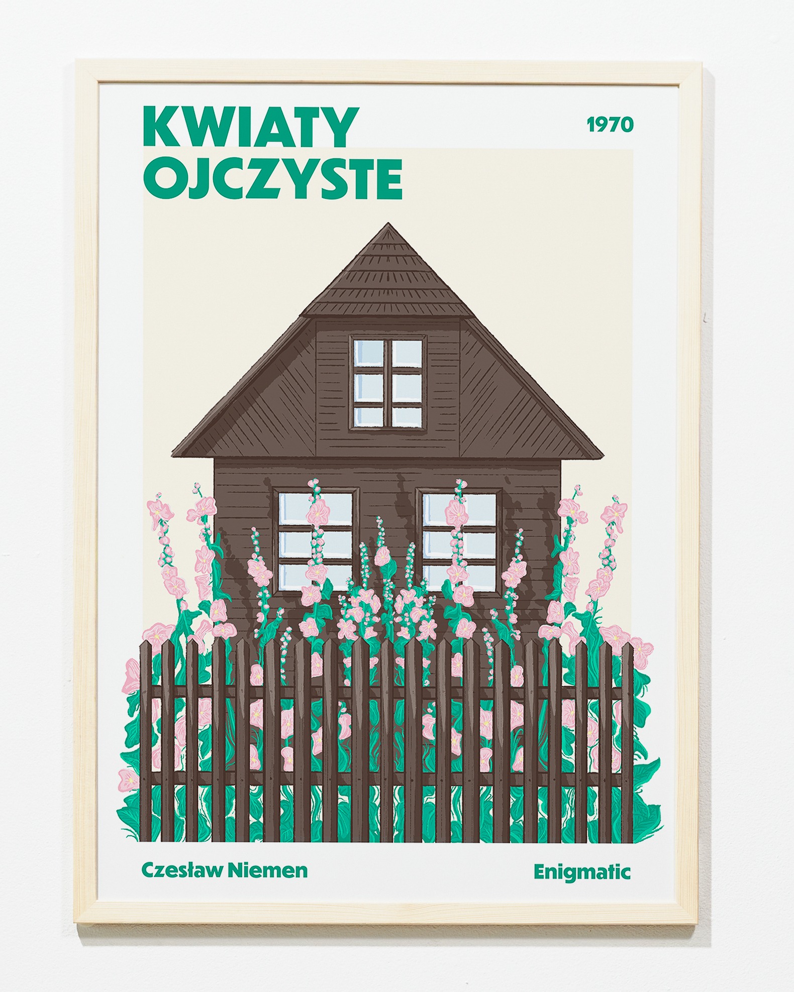 Ilustracja w ramce przedstawia drewniany dom z ogrodem, tytuł „Kwiaty Ojczyste” i rok 1970. Grafika utrzymana w stylu retro, z podpisami Czesław Niemen i Enigmatic.