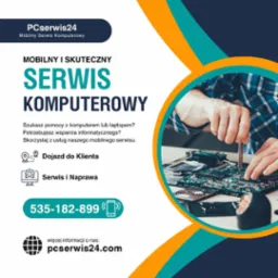 Baner reklamowy mobilnego serwisu komputerowego PCserwis24 z numerem telefonu 535-182-899 i adresem pcserwis24.com. Na pierwszym planie naprawa płyty głównej.