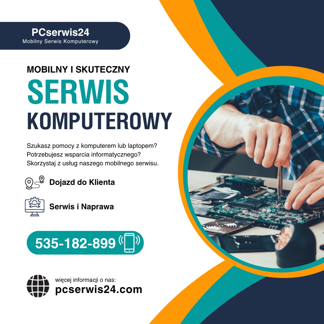 Baner reklamowy mobilnego serwisu komputerowego PCserwis24 z numerem telefonu 535-182-899 i adresem pcserwis24.com. Na pierwszym planie naprawa płyty głównej.