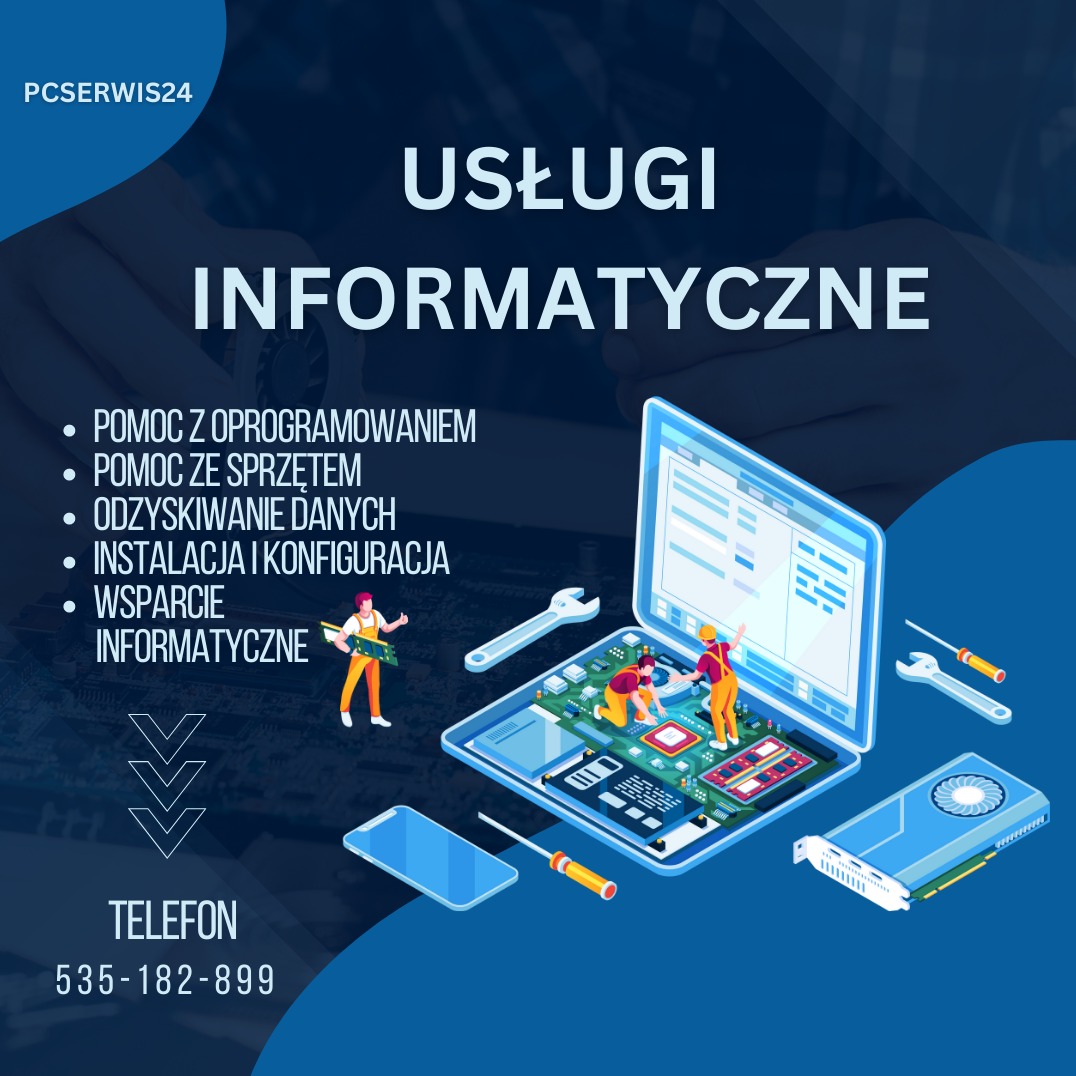 Grafika: Usługi informatyczne, pomoc z oprogramowaniem i sprzętem, odzyskiwanie danych, instalacja i konfiguracja. Laptop z narzędziami i postaciami.