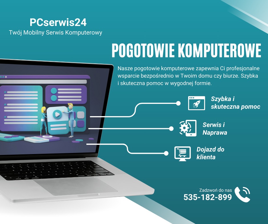 Baner reklamowy PCserwis24: Pogotowie komputerowe. Laptop z grafiką 3D, szybka pomoc, serwis, naprawa, dojazd do klienta. Kontakt telefoniczny widoczny na banerze.