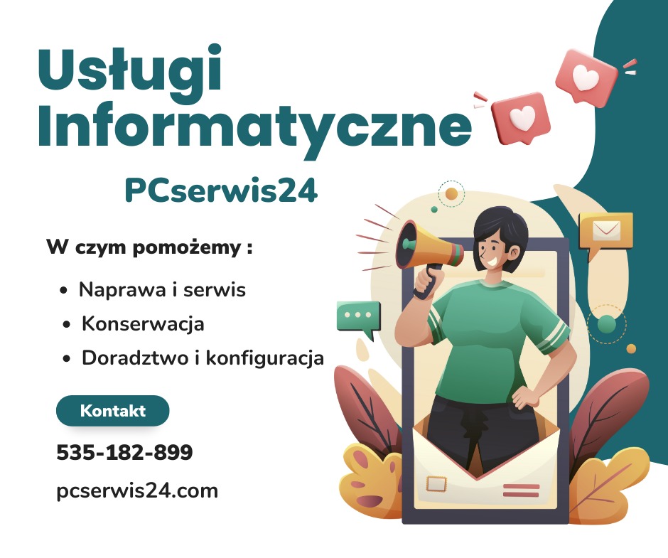 Ilustracja: Usługi Informatyczne PCserwis24 z ofertą naprawy, konserwacji i doradztwa. Kobieta z megafonem, ikony wiadomości i polubień, kontakt i adres www.