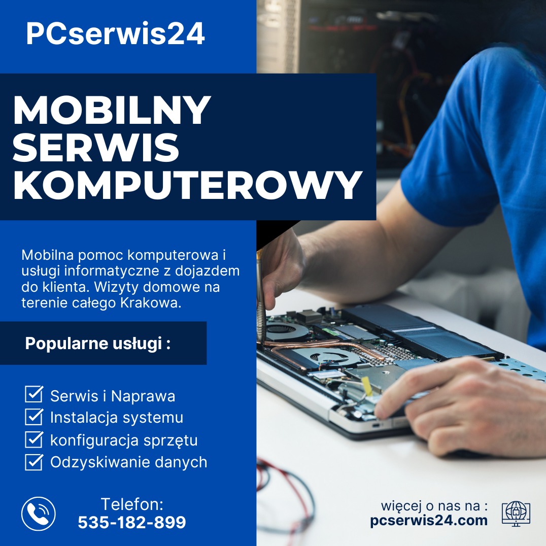 Baner reklamowy PCserwis24: mobilny serwis komputerowy z dojazdem w Krakowie. Usługi: naprawa, instalacja, konfiguracja, odzyskiwanie danych. Kontakt: 535-182-899.