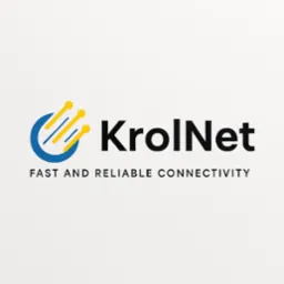 Logo KrolNet: niebieski okrąg z trzema żółtymi liniami, czarny napis 'KrolNet' i hasło 'FAST AND RELIABLE CONNECTIVITY' na jasnym tle.