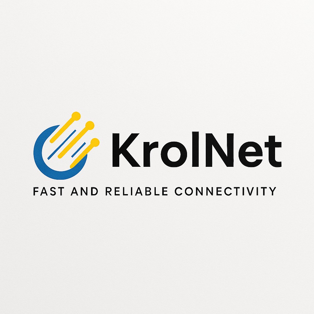 Logo KrolNet: niebieski okrąg z trzema żółtymi liniami, czarny napis 'KrolNet' i hasło 'FAST AND RELIABLE CONNECTIVITY' na jasnym tle.