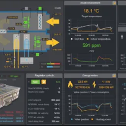 Interfejs systemu zarządzania budynkiem (BMS) z wizualizacją parametrów klimatyzacji, zużycia energii i symulacją obecności. Widok inżynieryjny budynku z nałożonym schematem wentylacji.