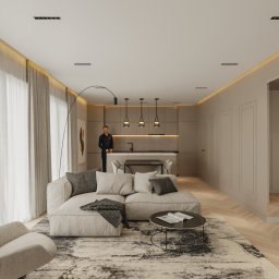 PRODESIGN SPÓŁKA Z OGRANICZONĄ ODPOWIEDZIALNOŚCIĄ - Jasne wnętrze z sofą, krzesłem i dywanem. W tle widoczna kuchnia i mężczyzna. Minimalistyczny design z oświetleniem LED.