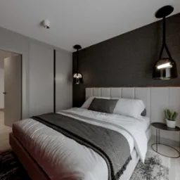 Elegancka sypialnia w odcieniach szarości: łóżko z wezgłowiem, czarne lampy wiszące, teksturowana ściana i minimalistyczny stolik nocny z kaktusem. Nowoczesny design.