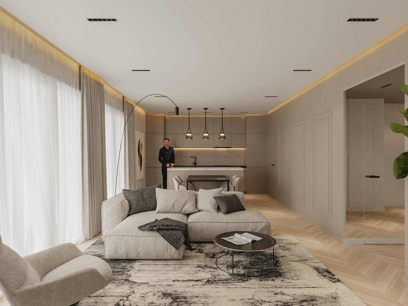 Jasne wnętrze z sofą, krzesłem i dywanem. W tle widoczna kuchnia i mężczyzna. Minimalistyczny design z oświetleniem LED.