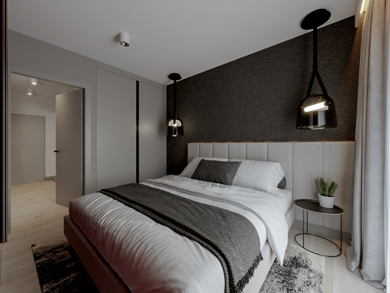 Elegancka sypialnia w odcieniach szarości: łóżko z wezgłowiem, czarne lampy wiszące, teksturowana ściana i minimalistyczny stolik nocny z kaktusem. Nowoczesny design.