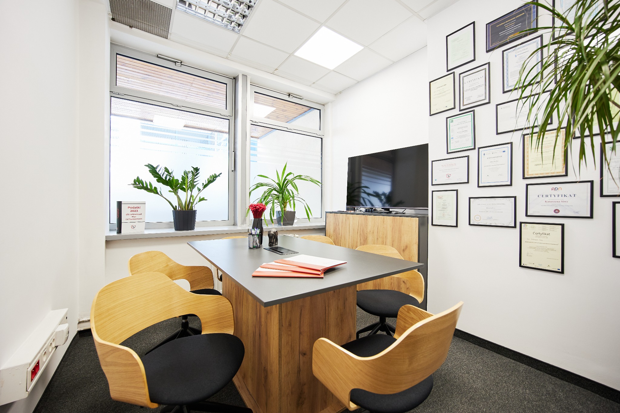 Jasne biuro z oknami, stołem konferencyjnym i krzesłami. Na ścianie wiszą certyfikaty. Na parapecie rośliny doniczkowe. Widoczne segregatory na stole.
