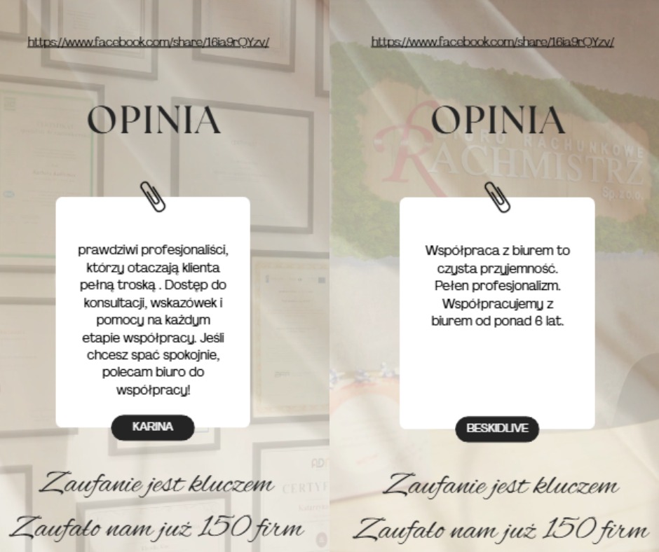 Opinie klientów biura rachunkowego, przypięte do tablicy z certyfikatami. Referencje podkreślają profesjonalizm i zaufanie do biura.