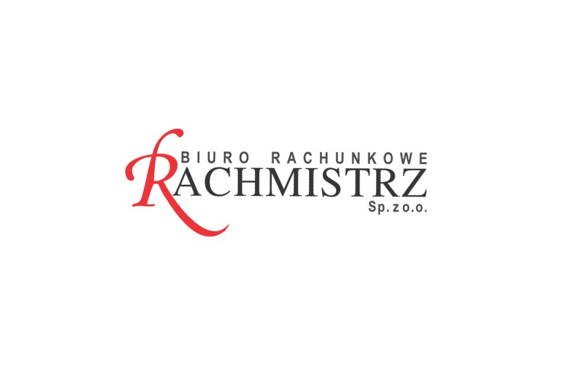 Eleganckie logo Biura Rachunkowego RACHMISTRZ Sp. z o.o. z czerwoną literą 'R' i szarym napisem na białym tle, prezentujące profesjonalizm i nowoczesność firmy.