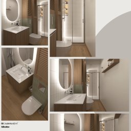 novo. l Wiktoria Nowocień - Nowoczesna łazienka 4,5 m² w Mikołowie z owalnym lustrem LED, drewnianą zabudową, zielonymi płytkami akcentowymi i prysznicem walk-in.