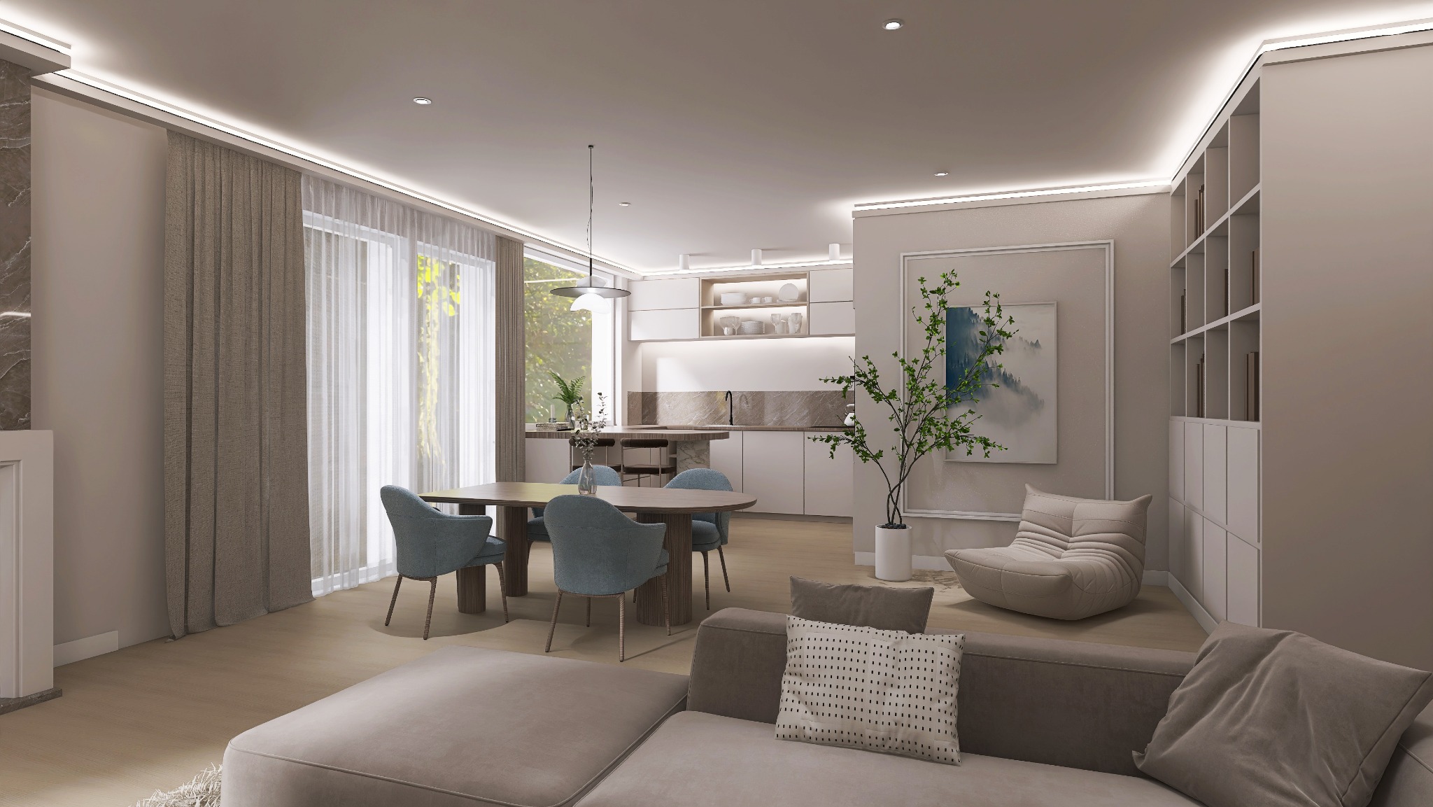 Wizualizacja otwartej przestrzeni mieszkania z kuchnią, jadalnią i salonem w neutralnej kolorystyce z akcentami błękitu. Widoczne meble, oświetlenie i dekoracje.