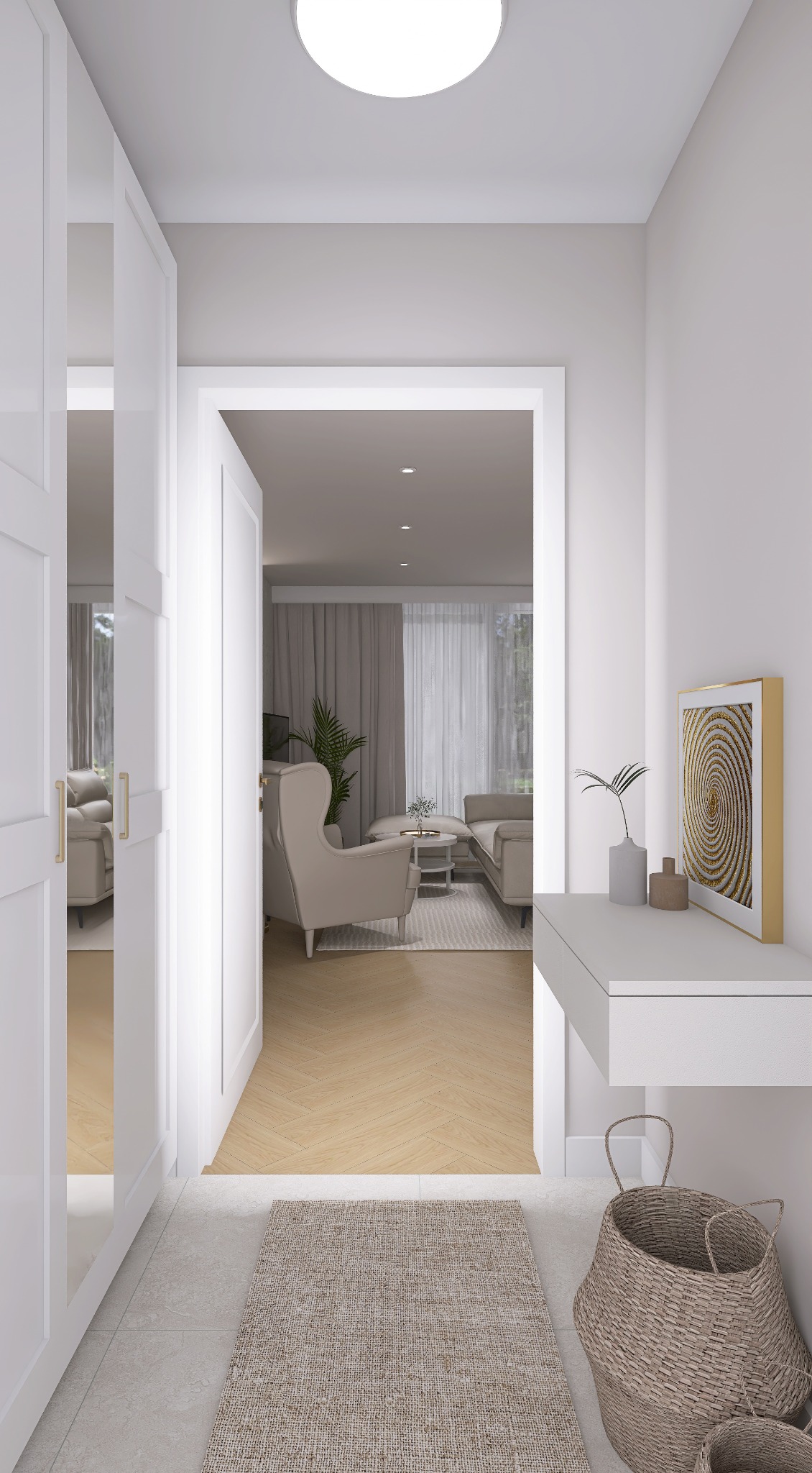 Projekt przestrzeni otwartej + kuchnia, wc, łazienka