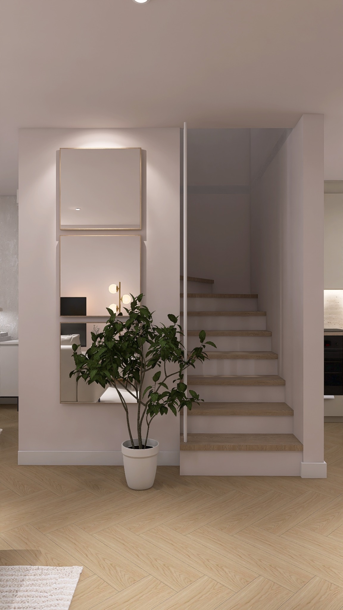 Jasne wnętrze z drewnianą podłogą w jodełkę, schodami i lustrami na ścianie. Roślina doniczkowa w białej osłonce dodaje naturalnego akcentu.