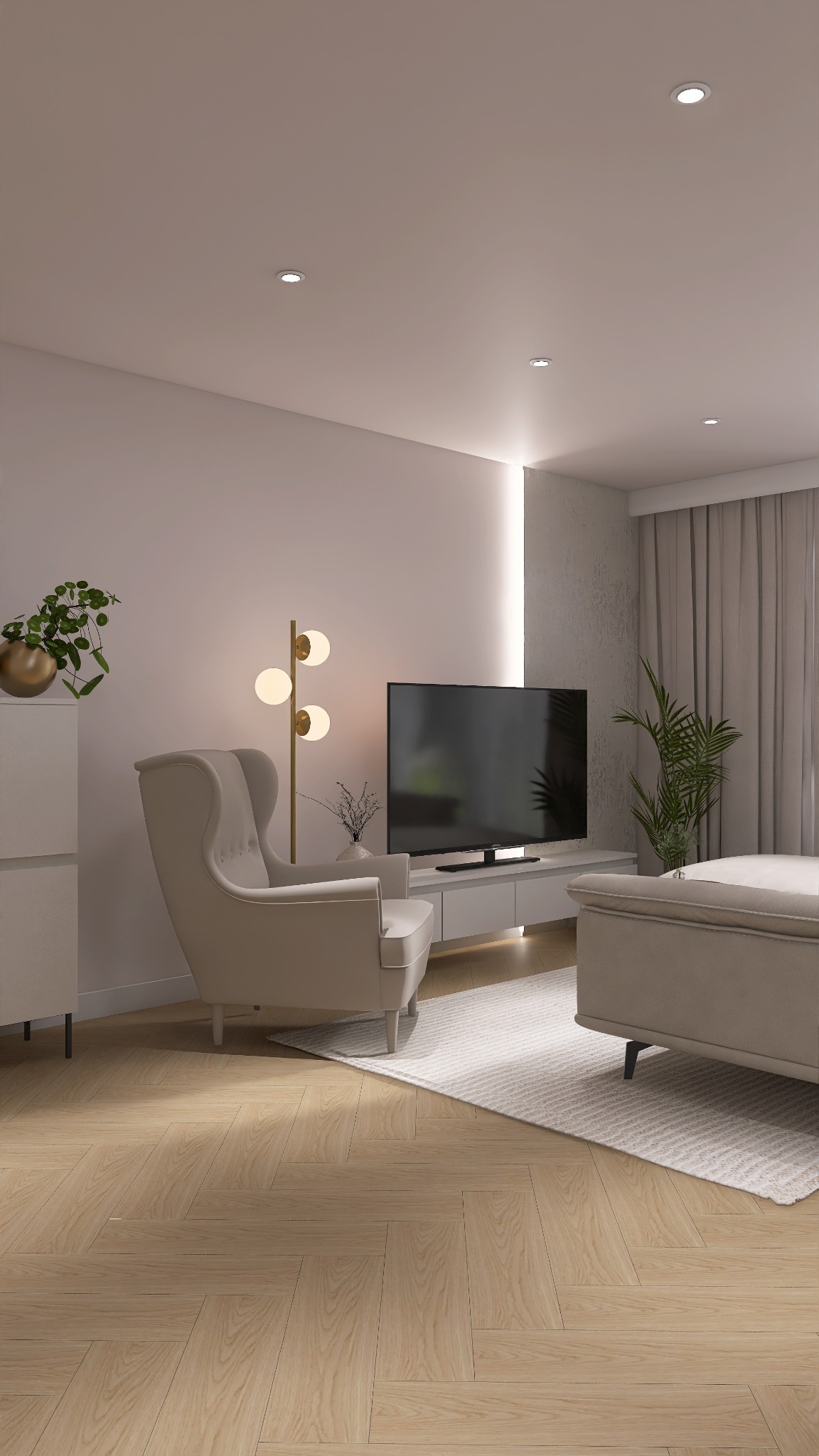 Jasne wnętrze salonu z parkietem w jodełkę, kremowym fotelem uszakiem, telewizorem i roślinami. Minimalistyczny design z akcentami złota i miękkim oświetleniem.