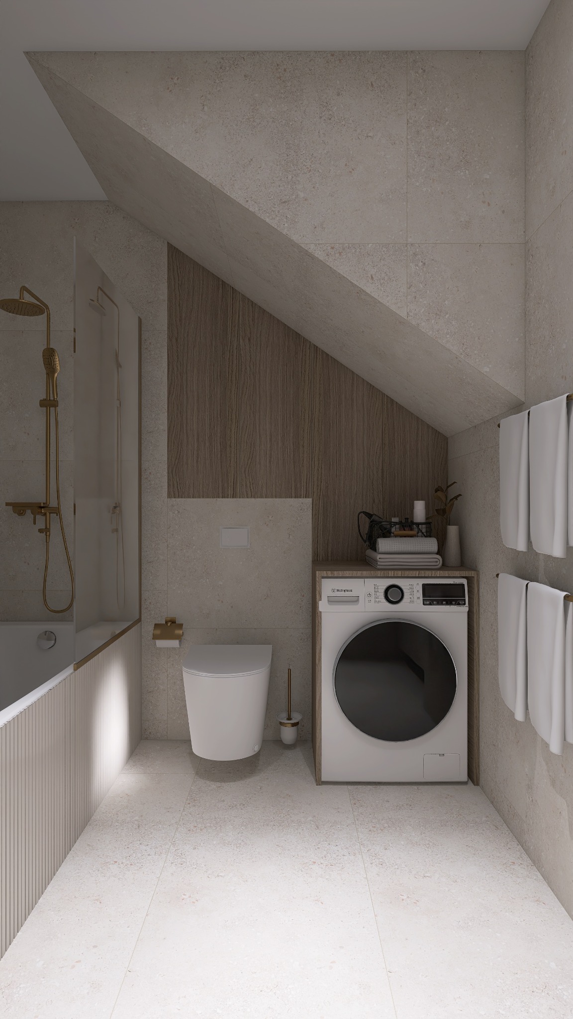 Beżowa łazienka na poddaszu z pralką, toaletą i wanną ze złotą armaturą. Ukośny sufit i drewniane akcenty dodają wnętrzu charakteru.