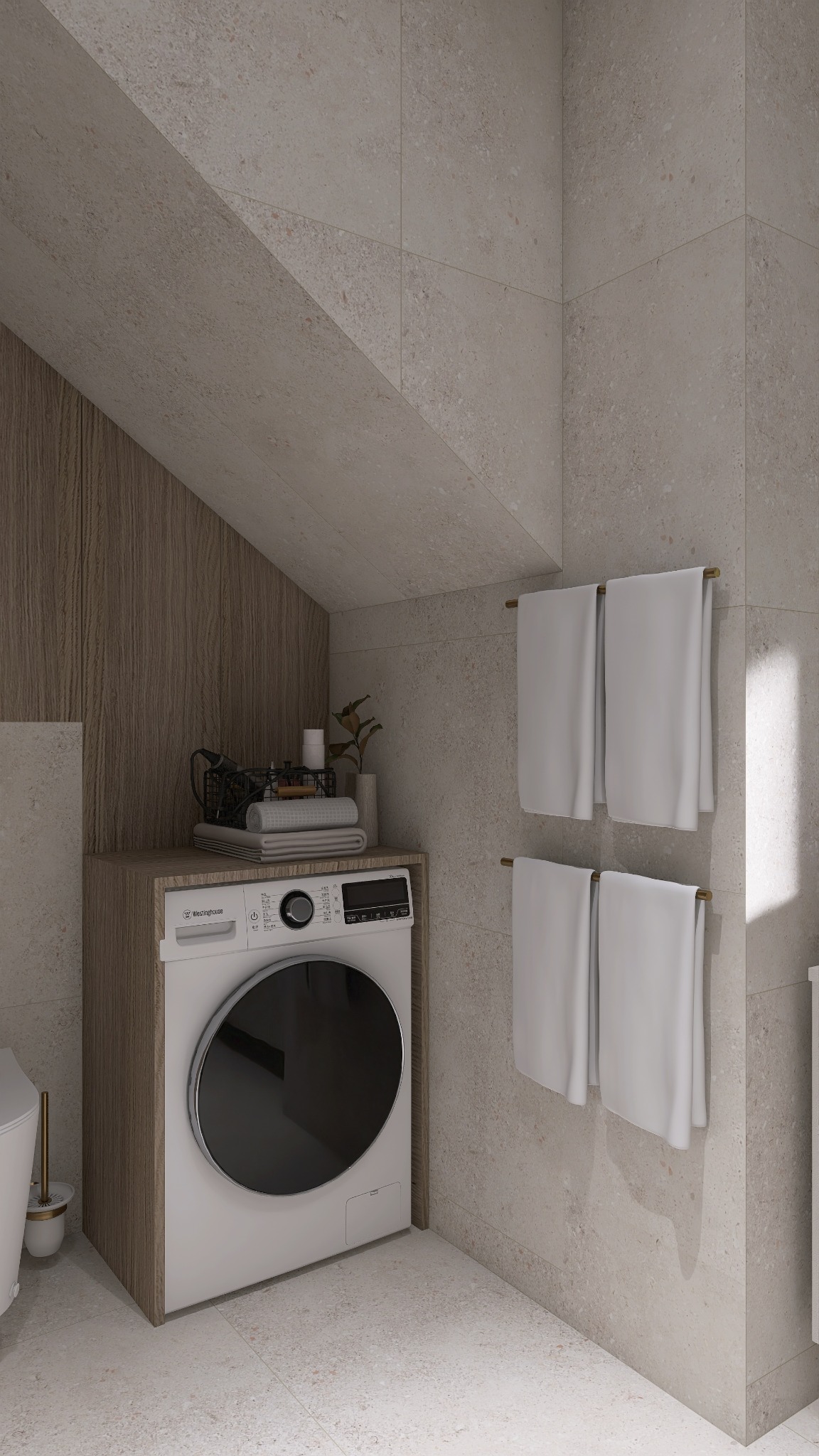 Projekt łazienki: pralka zabudowana w szafce z drewnianym wykończeniem, ręczniki na wieszaku, beżowe płytki na ścianach i podłodze, skośny sufit.
