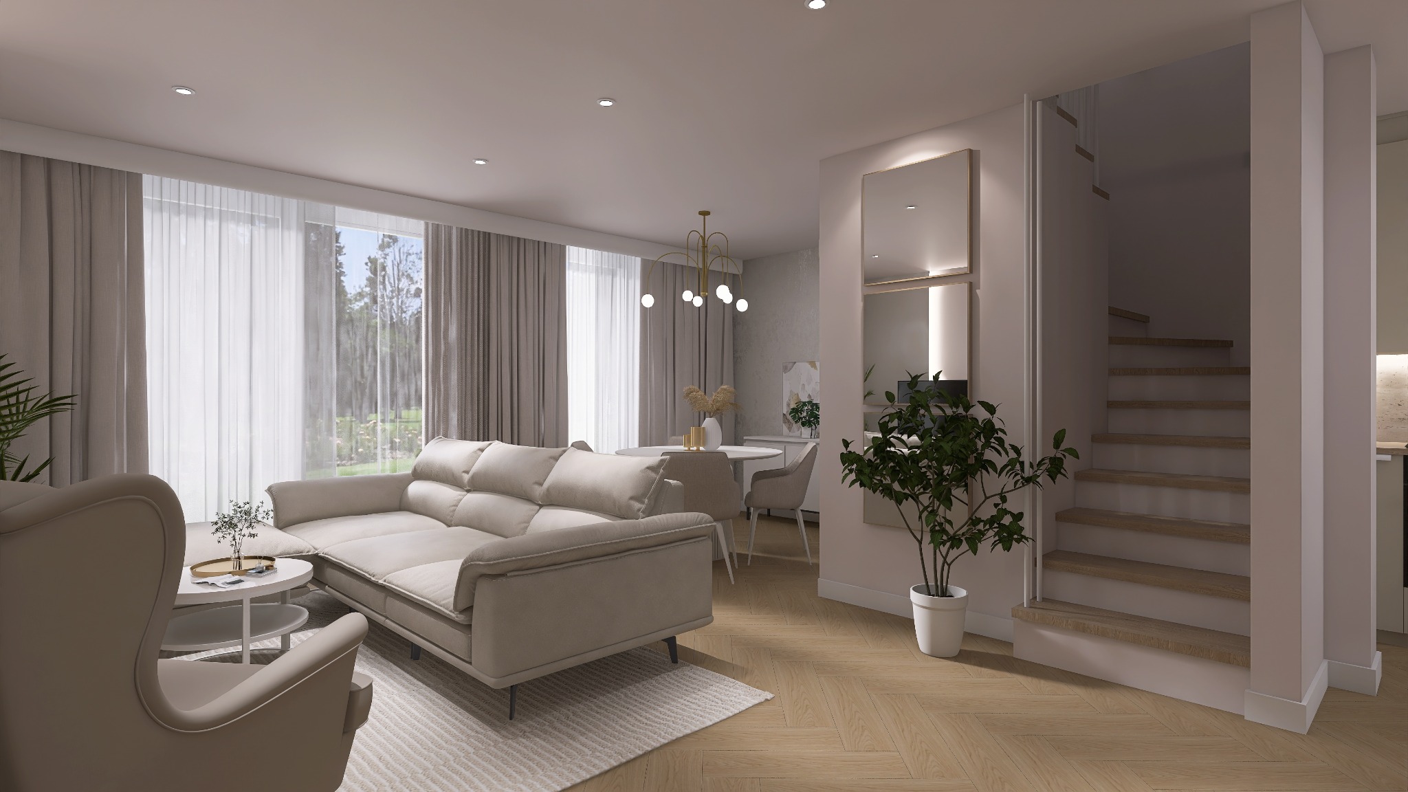 Jasne wnętrze: salon z sofą, jadalnia z okrągłym stołem i schody. Parkiet w jodełkę, duże okno z zasłonami. Lustro na ścianie. Minimalistyczny design.