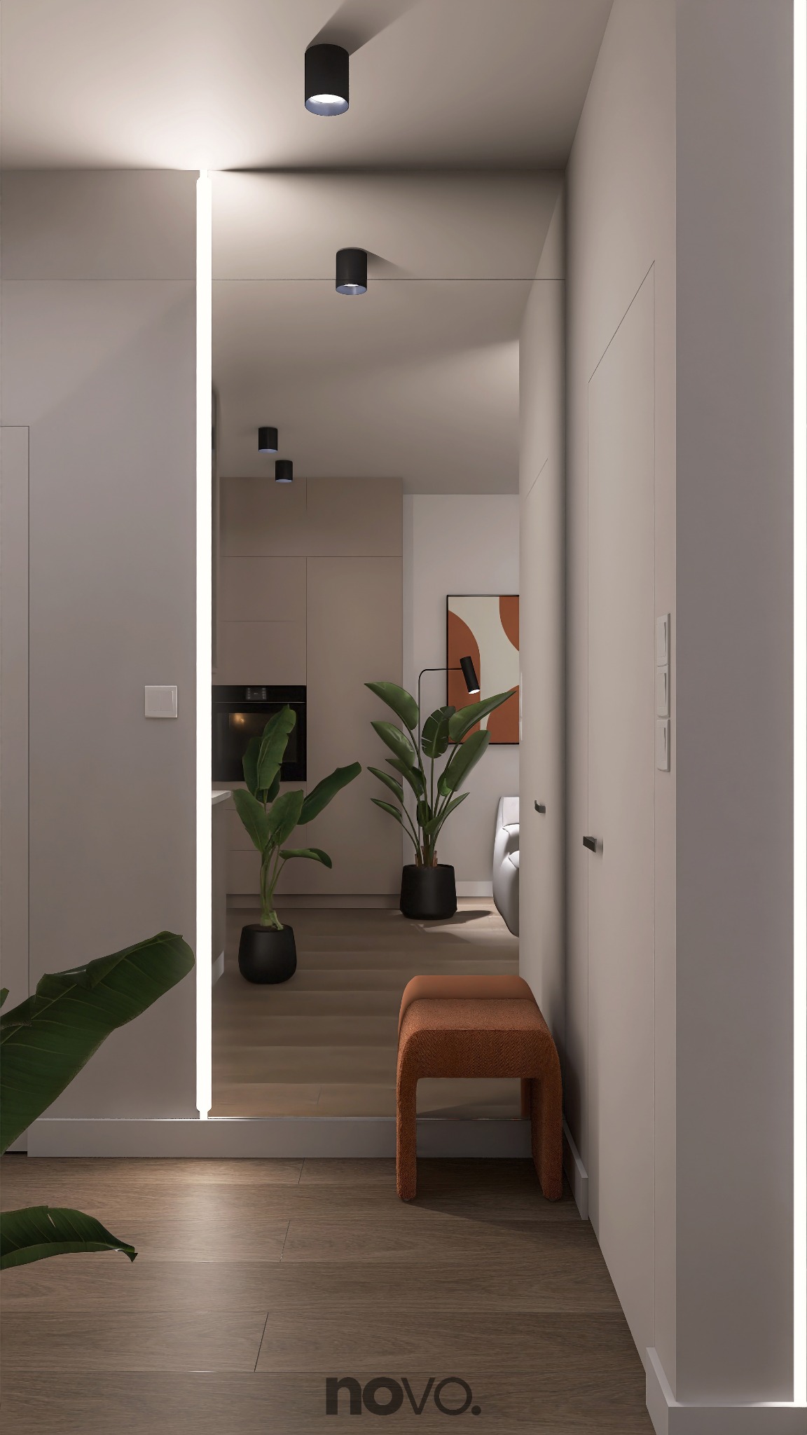 Nowoczesne wnętrze z lustrem z podświetleniem LED, ukazujące fragment kuchni i salonu. Wnętrze w stonowanych barwach z akcentem roślinnym i pufą w kolorze terakoty.