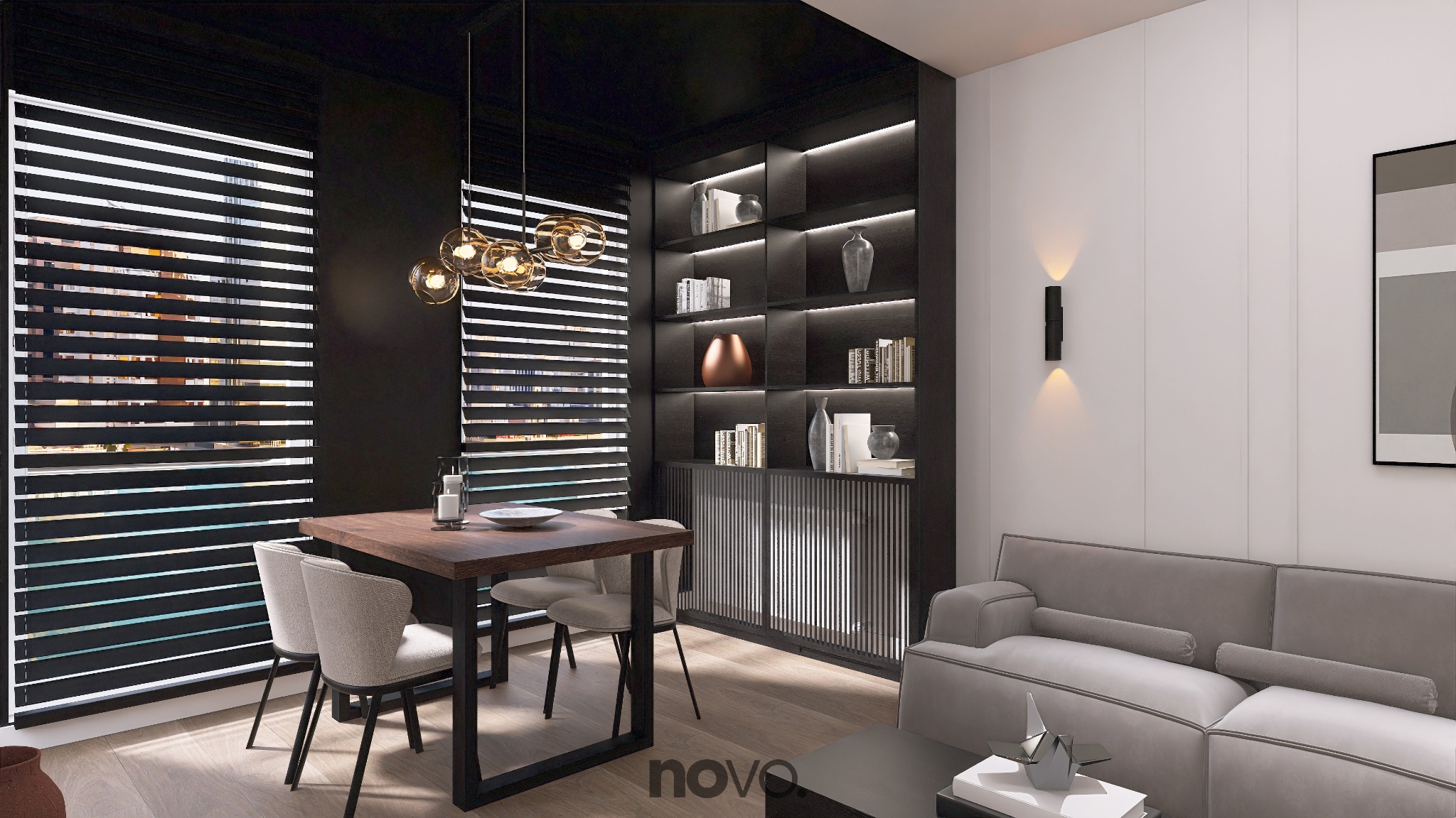 Nowoczesna przestrzeń dzienna z jadalnią: drewniany stół z krzesłami, regał z podświetleniem LED, szare sofy i żaluzje okienne. Minimalistyczny design.