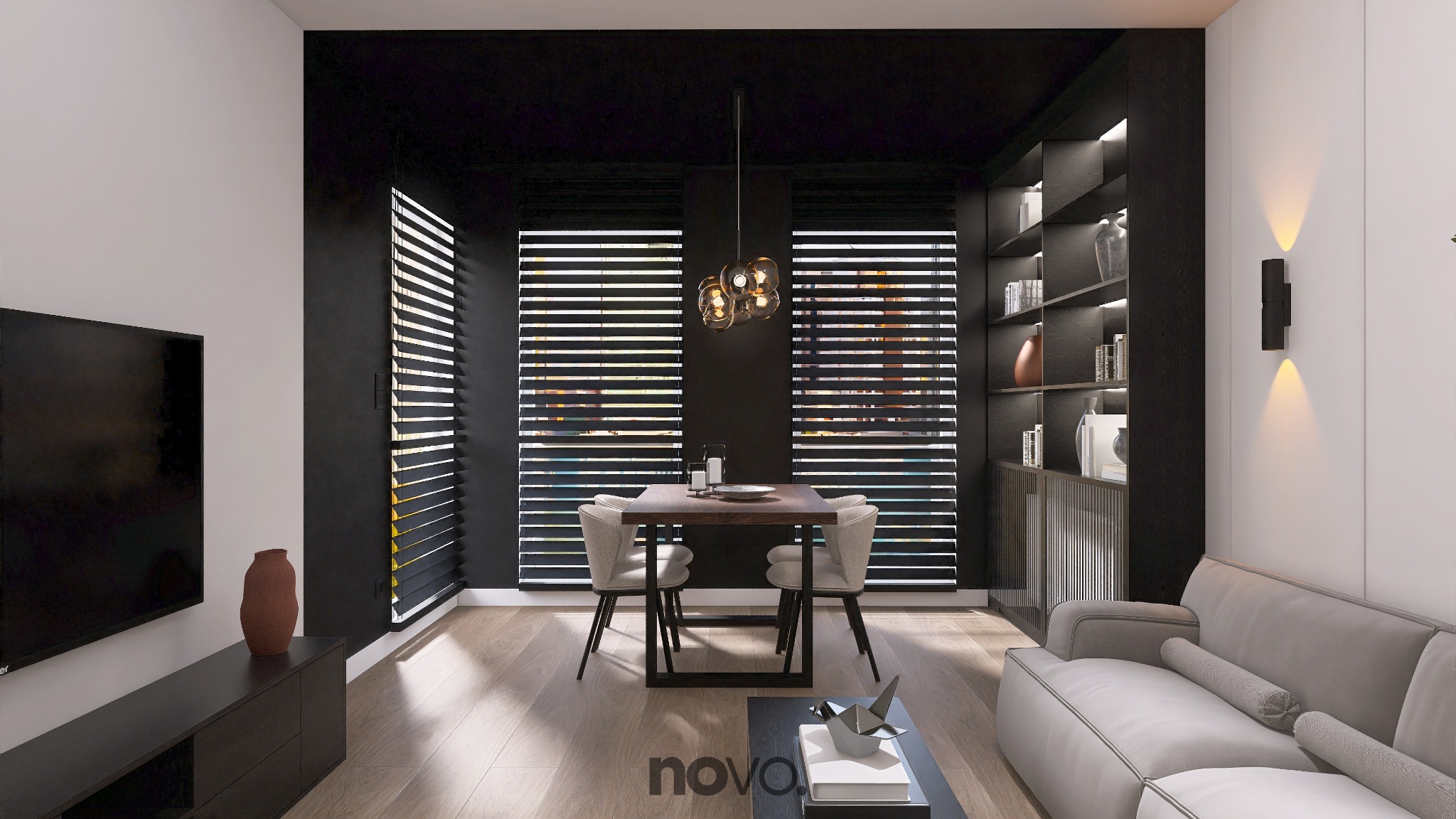 Nowoczesna przestrzeń dzienna z jadalnią: drewniany stół, krzesła tapicerowane, żaluzje poziome, oświetlenie punktowe i dekoracje. Minimalistyczny design.