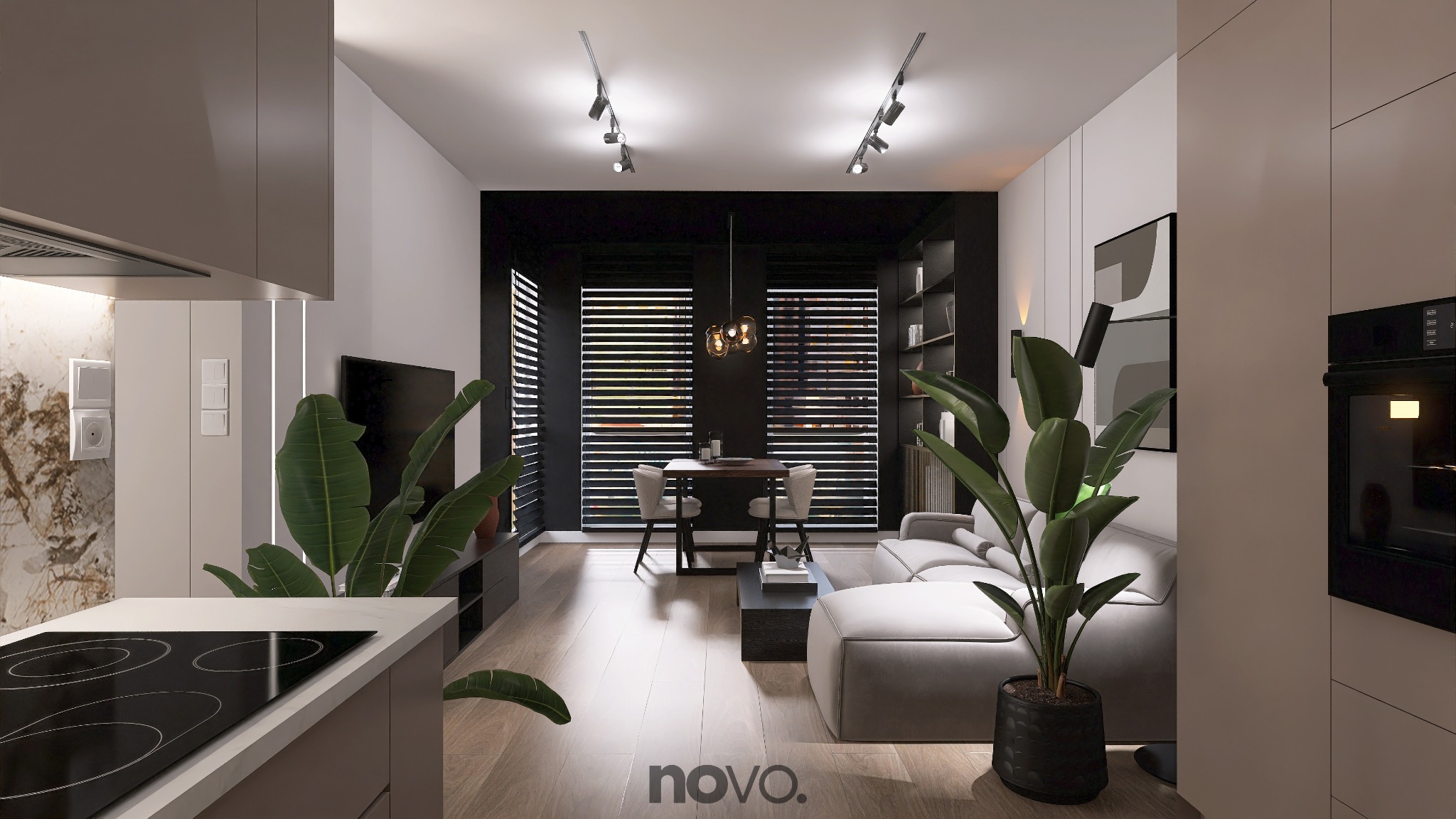 Nowoczesna przestrzeń dzienna z kuchnią: minimalistyczny design, drewniana podłoga, rośliny doniczkowe, oświetlenie punktowe i stonowana kolorystyka.