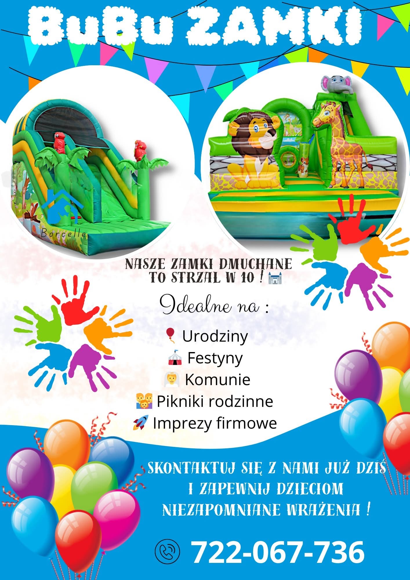 Kolorowy plakat reklamowy z dmuchanymi zamkami dla dzieci, idealnymi na urodziny, festyny, komunie, pikniki rodzinne i imprezy firmowe. Widoczne balony i odciski dłoni.