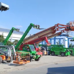 Rząd wielobarwnych ładowarek teleskopowych marki Poner, ustawionych na placu budowy, z podniesionymi ramionami i koszami roboczymi na tle błękitnego nieba.